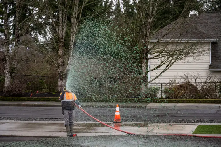 Worker spraying hydroseed during a lawn installation project